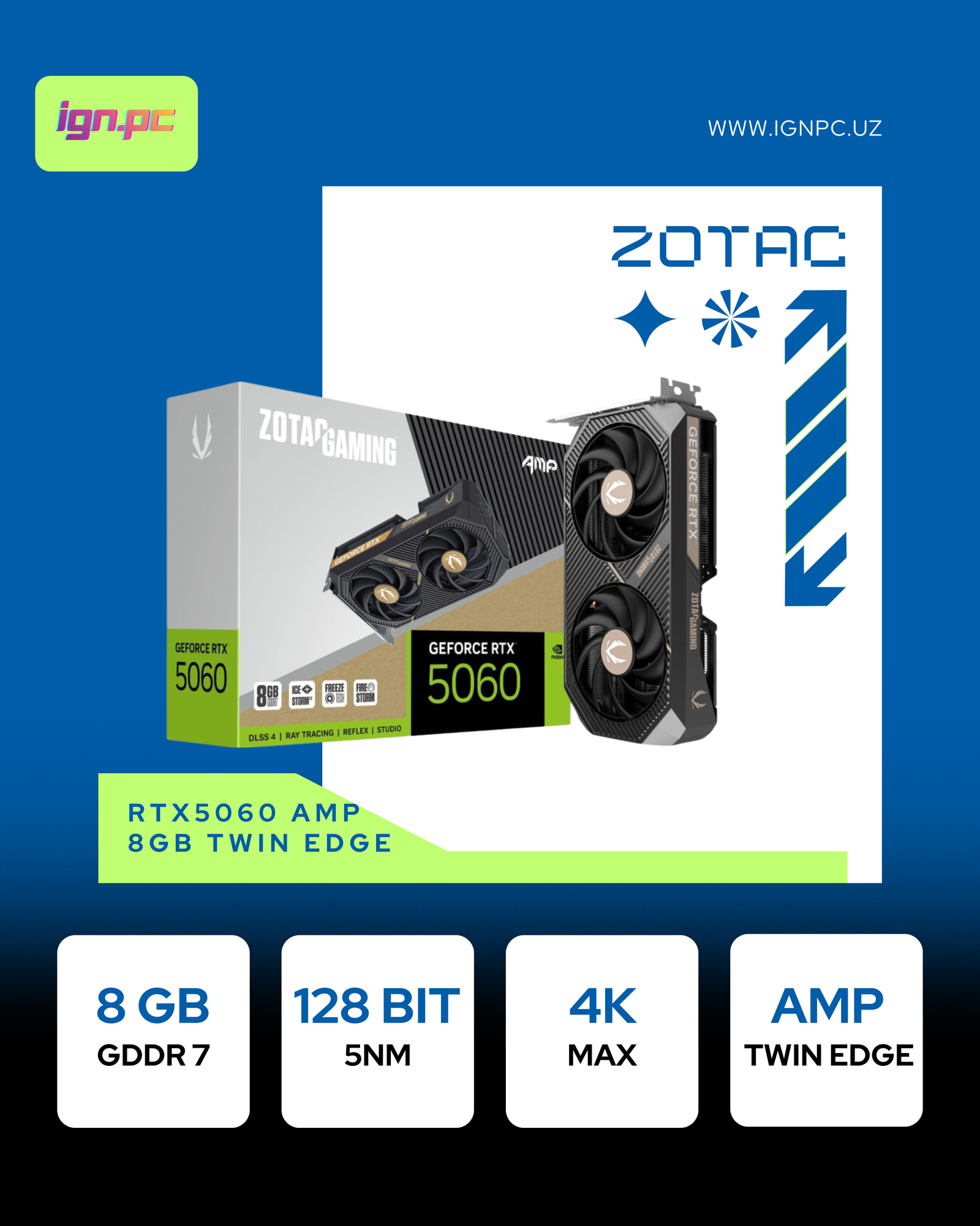 Видеокарта Zotac GeForce RTX 5060 AMP, 8 Гб, GDDR7, HDMI, 3-DP