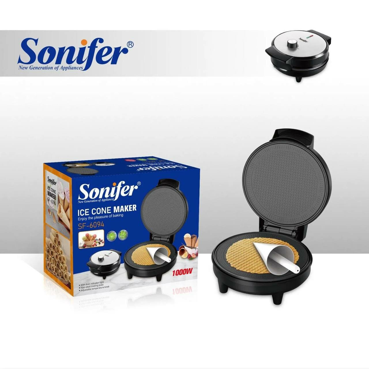 Вафельница Sonifer SF-6094, для тонких вафель, антипригарное покрытие 1000 вт