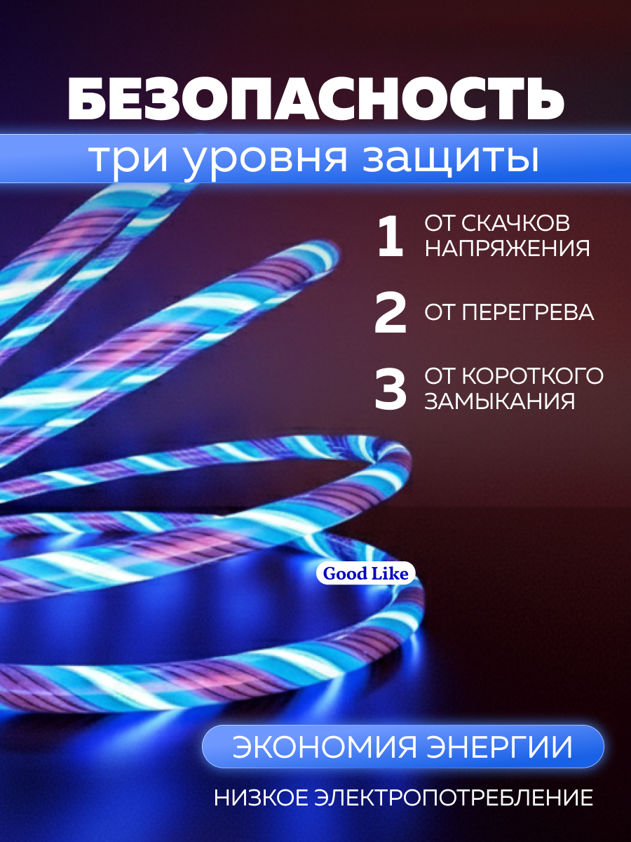 Светящийся кабель для зарядки телефона 3 в 1 с разъемами Micro USB, Type-C, Lightning — фото 1