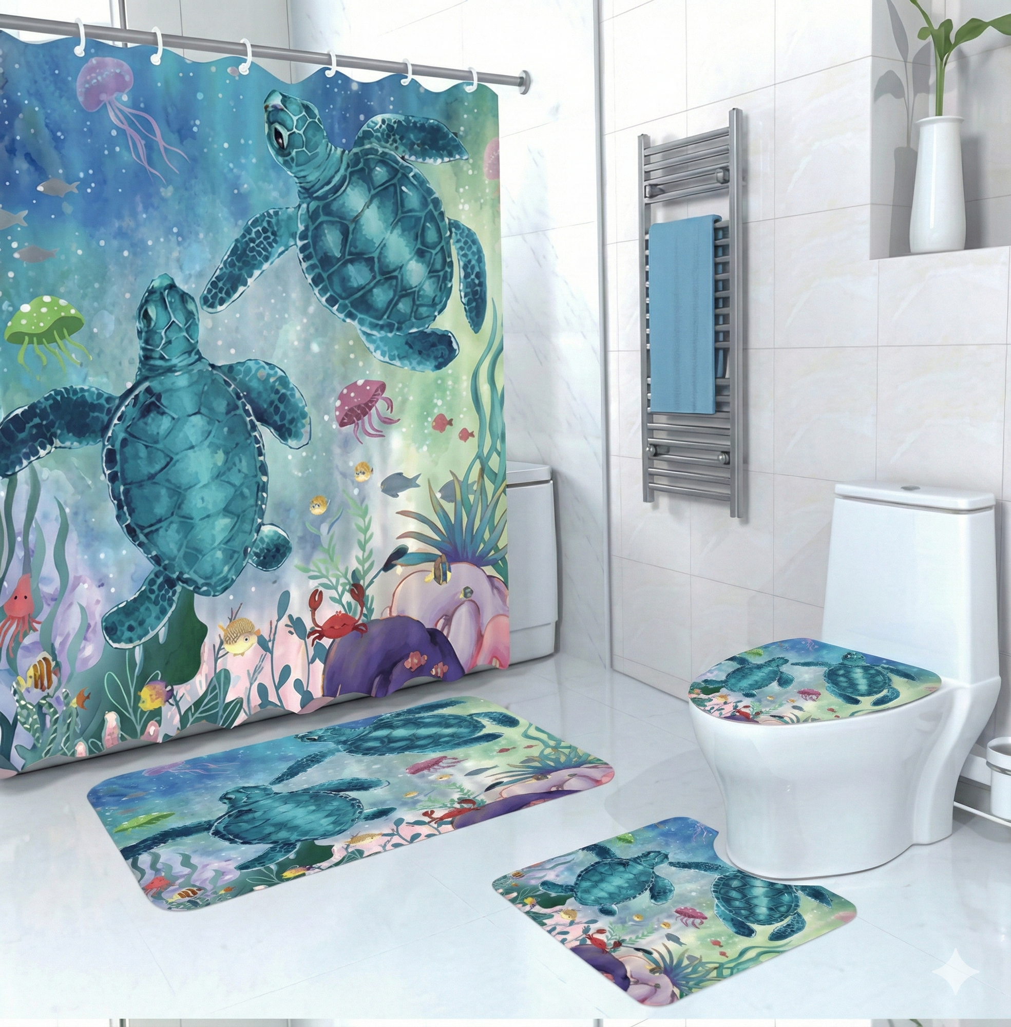 Комплект для ванной "Подводный Мир", водонепроницаемая штора, мягкие коврики
