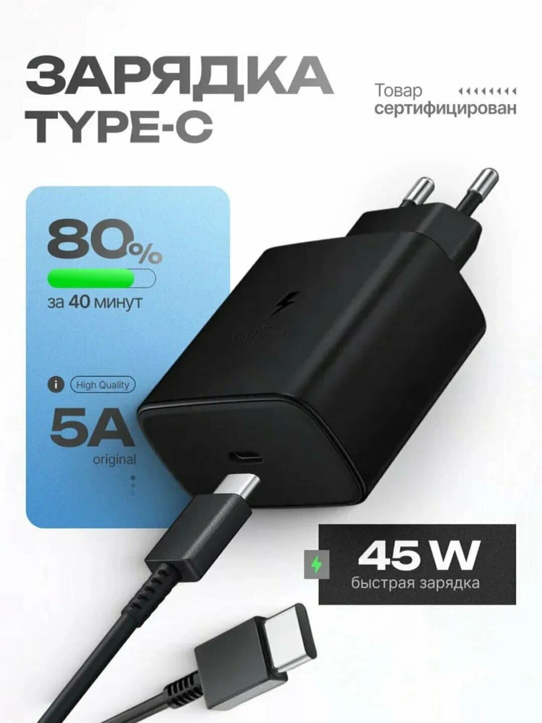 Адаптер 45W для Samsung, зарядное устройство с PD и быстрой зарядкой, кабель USB-C to USB-C Cable(5A)