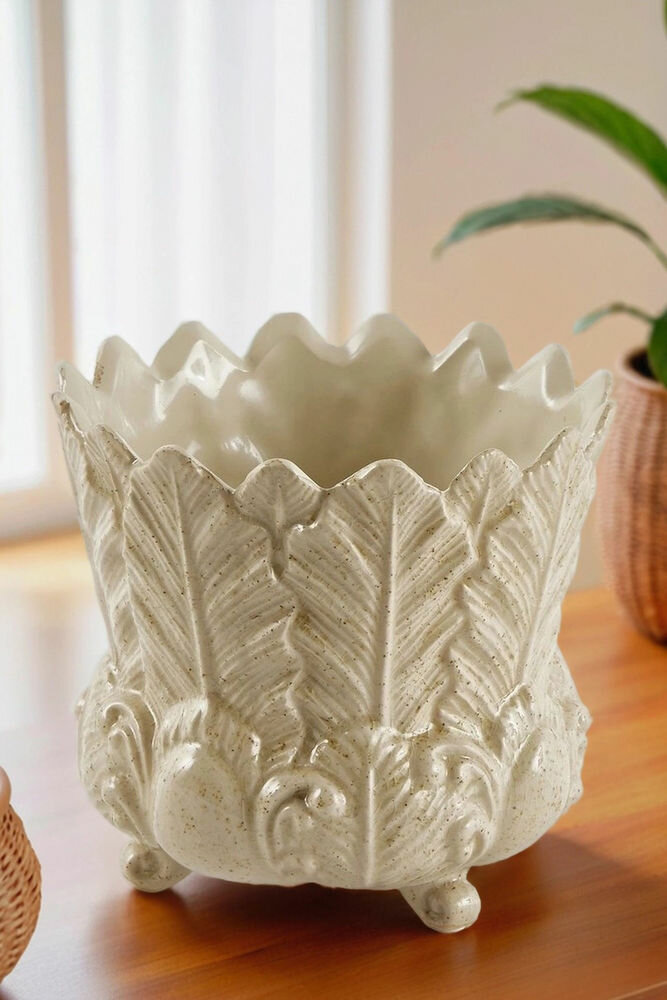 Декоративная ваза-кашпо фольяж, керамика, сливочная, 13 см, EDG 1100909A100