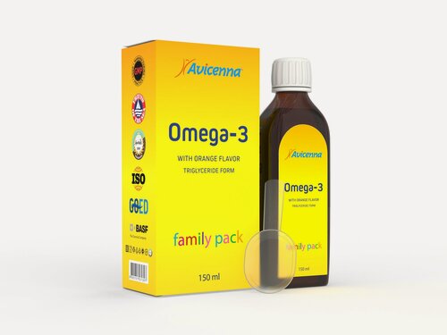 Изображение товара Жидкая Омега-3 Avicenna® с апельсиновым вкусом для мозга, сердца и сосудов, 1400мг, 150мл
