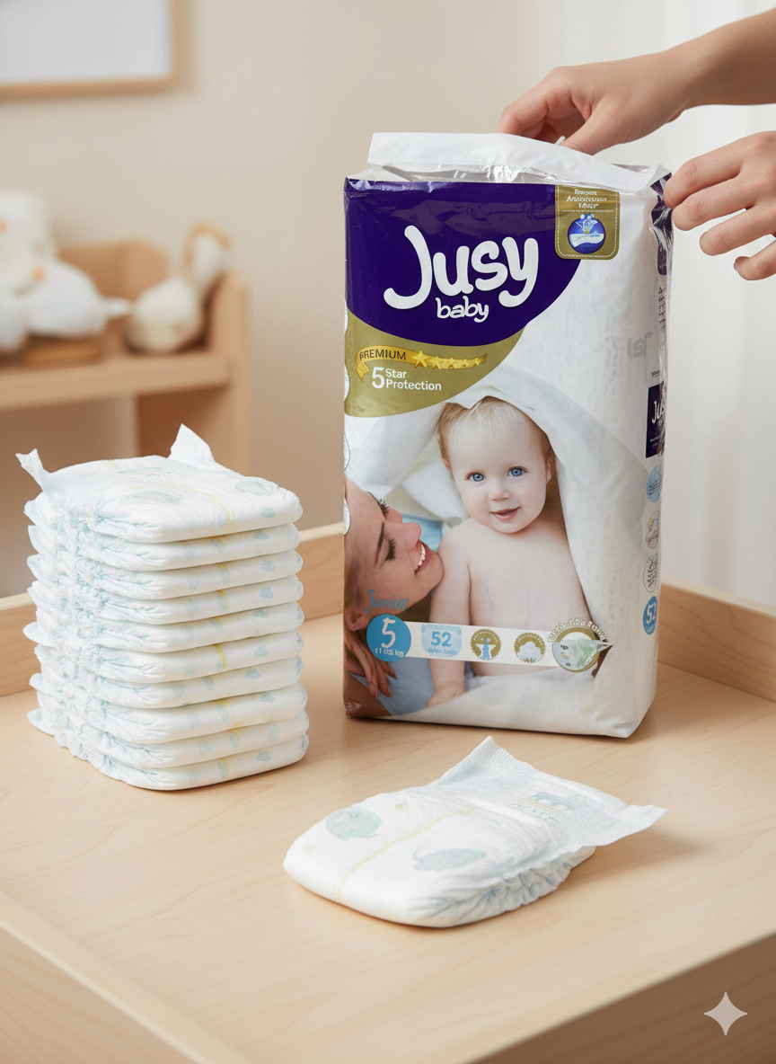Подгузники Jusy Baby 5, ночные, для детей от 11 кг, 52 штуки, фиолетово-белые