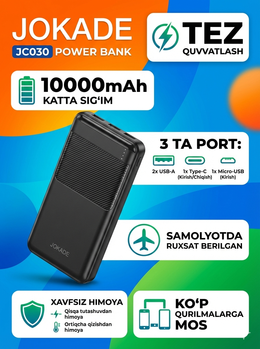 Внешний аккумулятор JOKADE JG030 10 000 mA/h c быстрой зарядкой