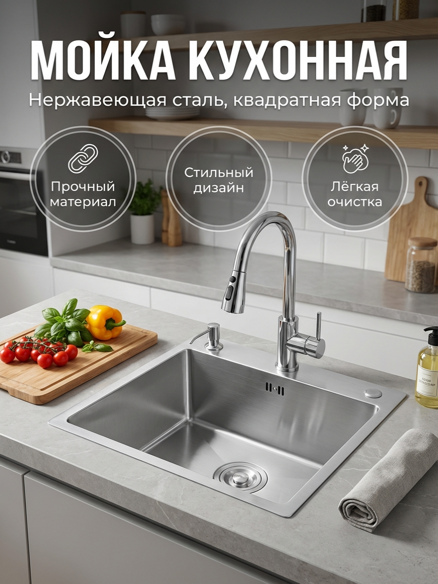 Кухонная мойка Diadonna, квадратная, нержавеющая сталь, серая, 50x50 см