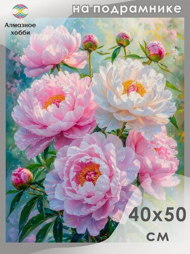 Изображение товара Алмазная мозаика на подрамнике Пышные пионы 40х50