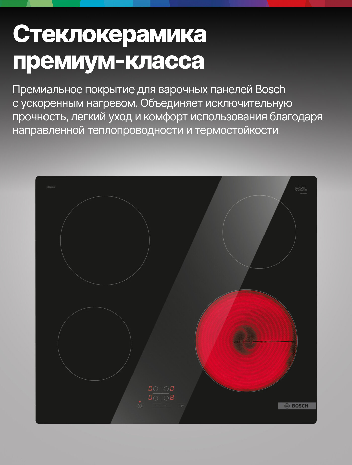 Варочная панель электрическая 4 конфорки Bosch PKE611BA2E, Серия 4, 6.6 кВт, 17 уровней мощности, рестарт, черная — фото 1