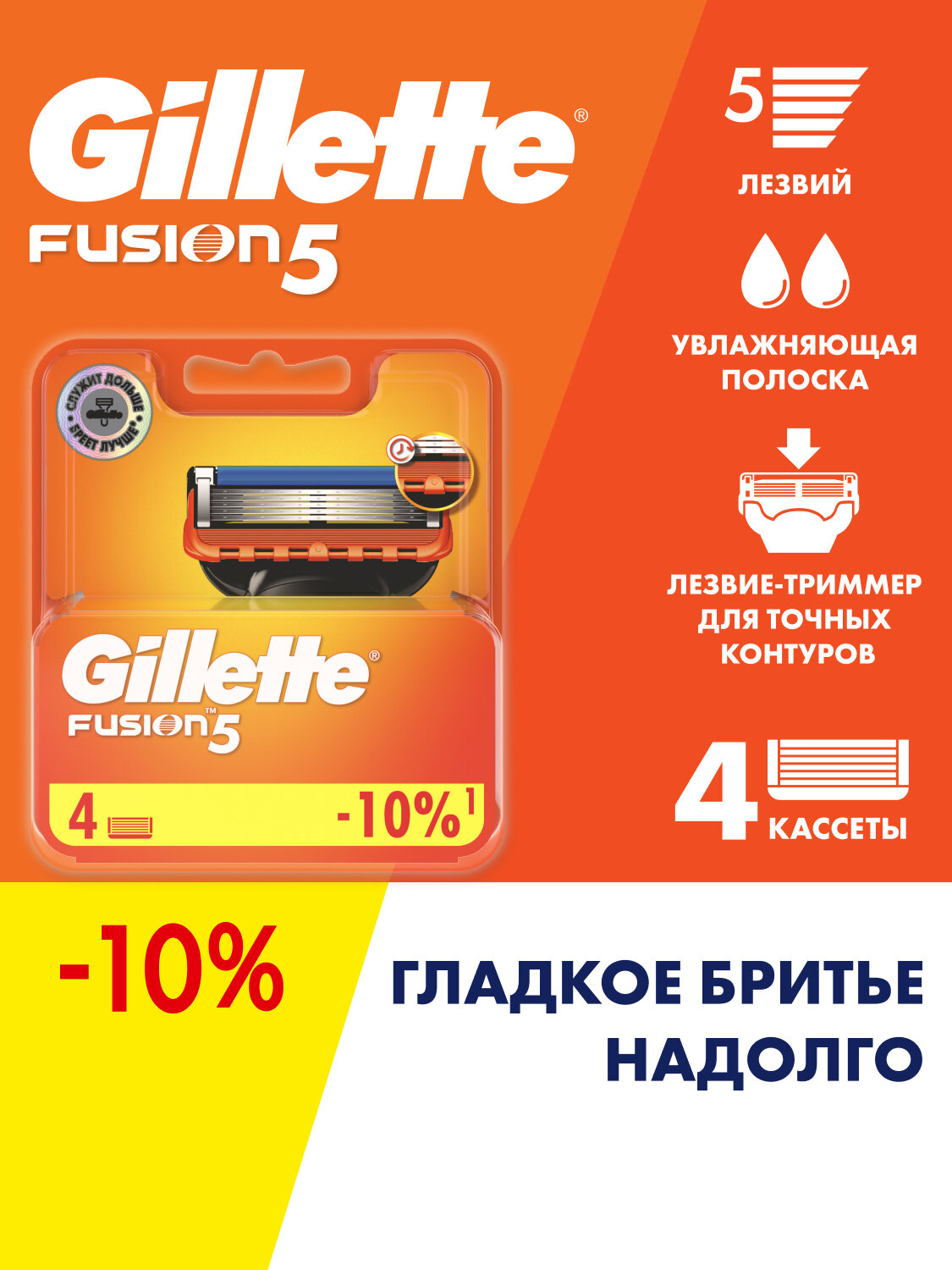 GILLETTE Fusion 5 Сменные кассеты для бритья с 5 лезвиями, мужские, 4 шт
