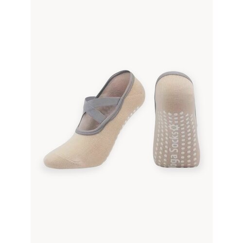 Носки противоскользящие для йоги фитнеса и пилатеса. Бежевые с лямками