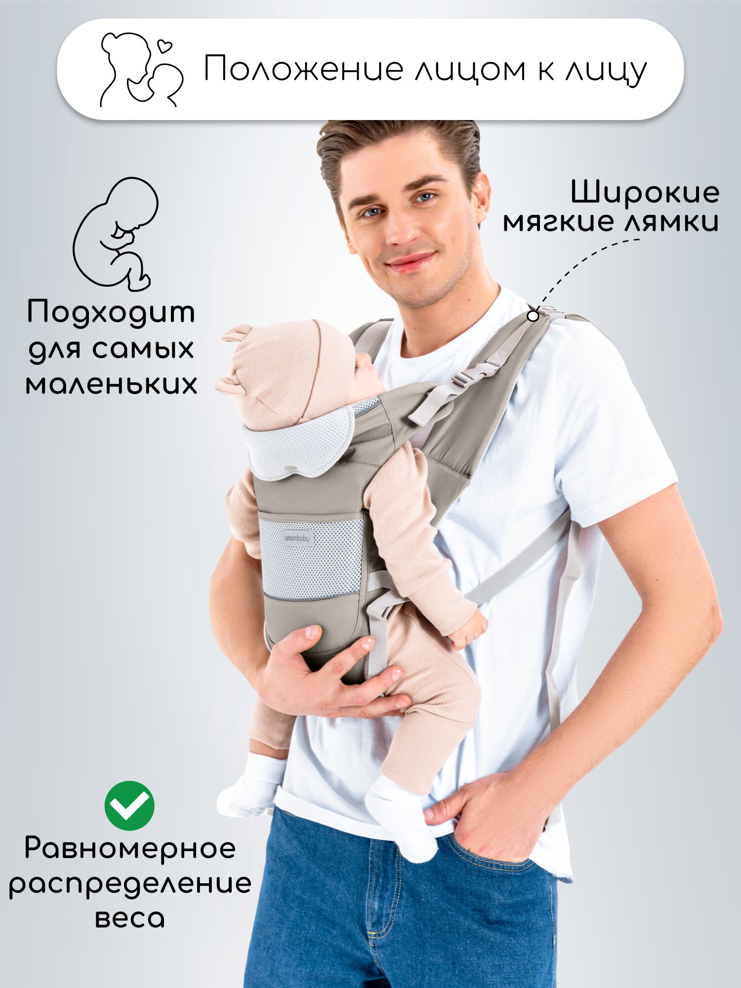 Эрго-рюкзак / Хипсит AMAROBABY CARRY, серый — фото 1