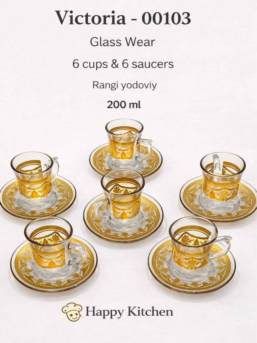 Набор чайных пар GOLD "Happy Kitchen", стекло, золотой орнамент