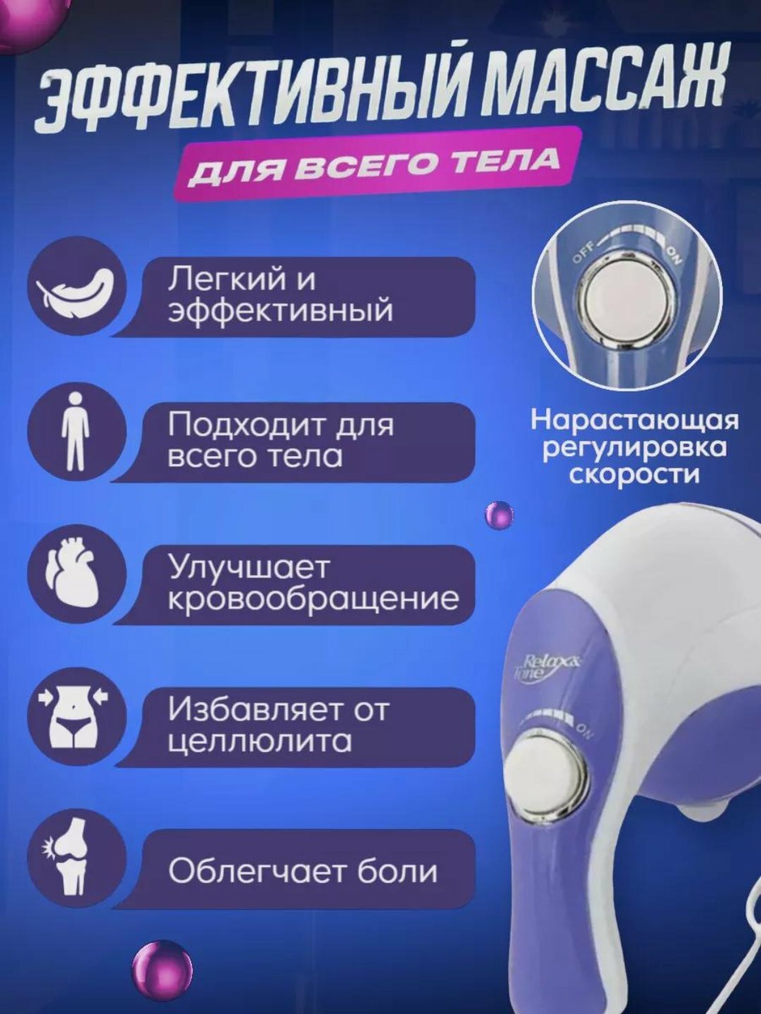 Антицеллюлитный ручной массажер Relax & Tone с 5 насадками для всего тела, лимфодренаж и снятие боли