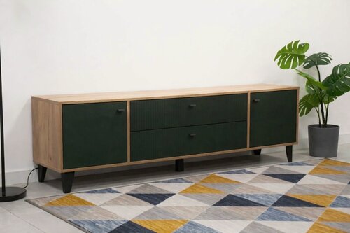 Изображение товара Тумба под ТВ Парус-10 для гостиной, 180×53×40 см, дуб крафт золотой / карбон дарк грин