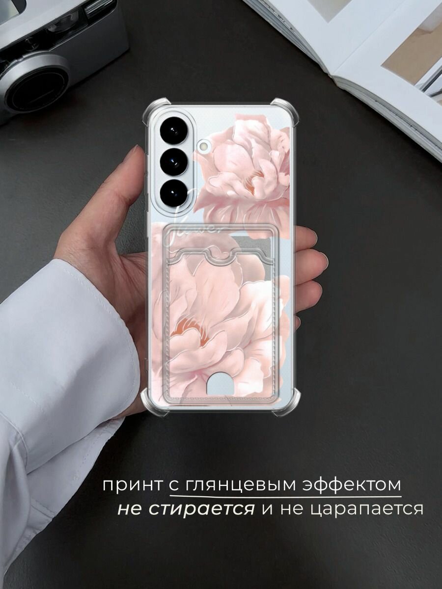 Чехол на Samsung S26 Plus (Самсунг S26 Плюс) с картой и принтом Flower розовый — фото 1