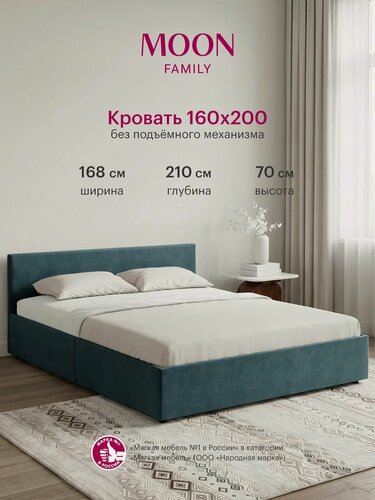 Изображение товара Кровать двуспальная без подъемного механизма, MOON FAMILY 1250, размер 160х200 см, велюр синий. Ортопедическое основание в комплекте