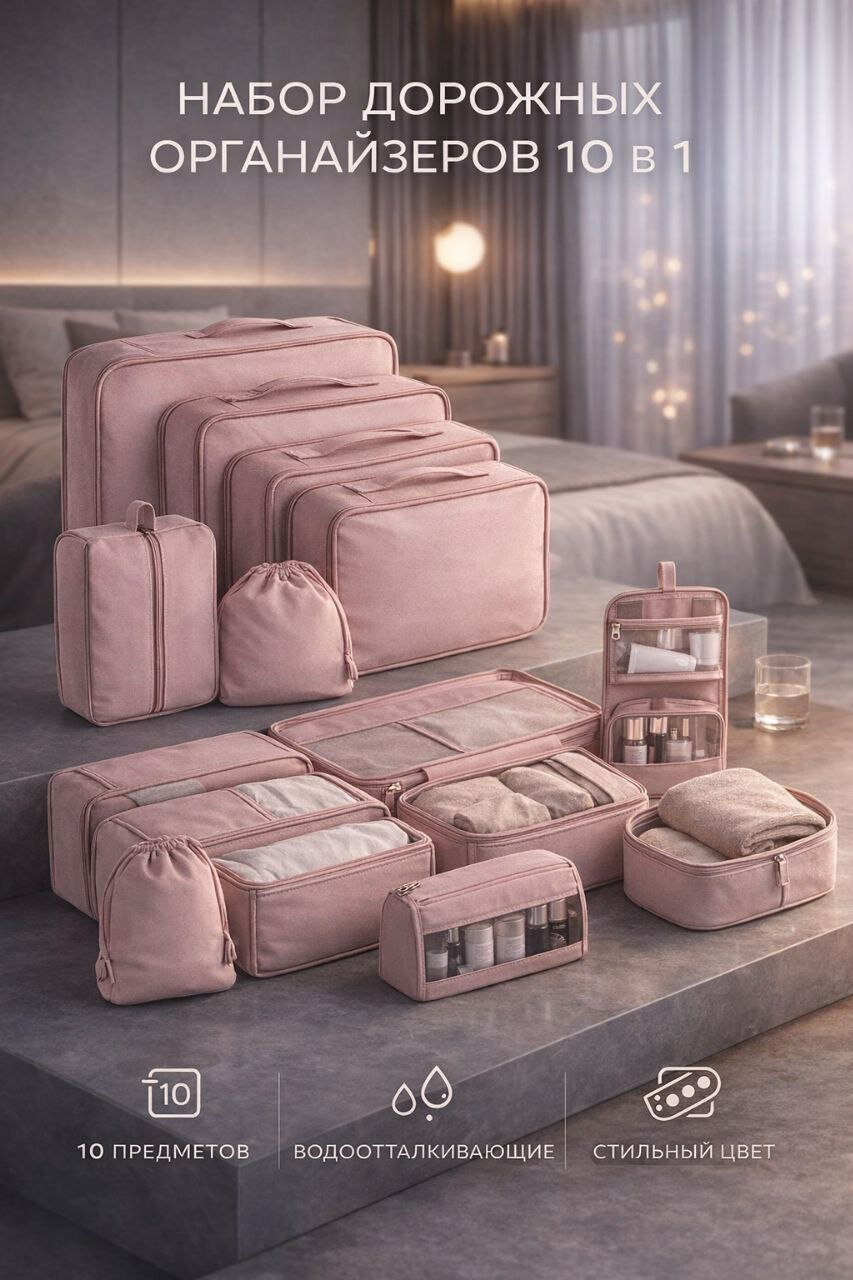 Органайзер дорожный 10 в 1, для хранения и перевозки вещей, розовый