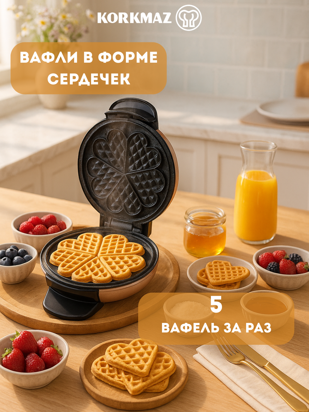 Вафельница Korkmaz Mia Waffle A319-03, антипригарное покрытие, 5 порций, мощность 850Вт — фото 1