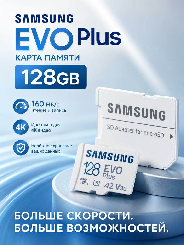 Карта памяти Samsung Evo Plus 128GB MicroSDXC UHS-I с адаптером