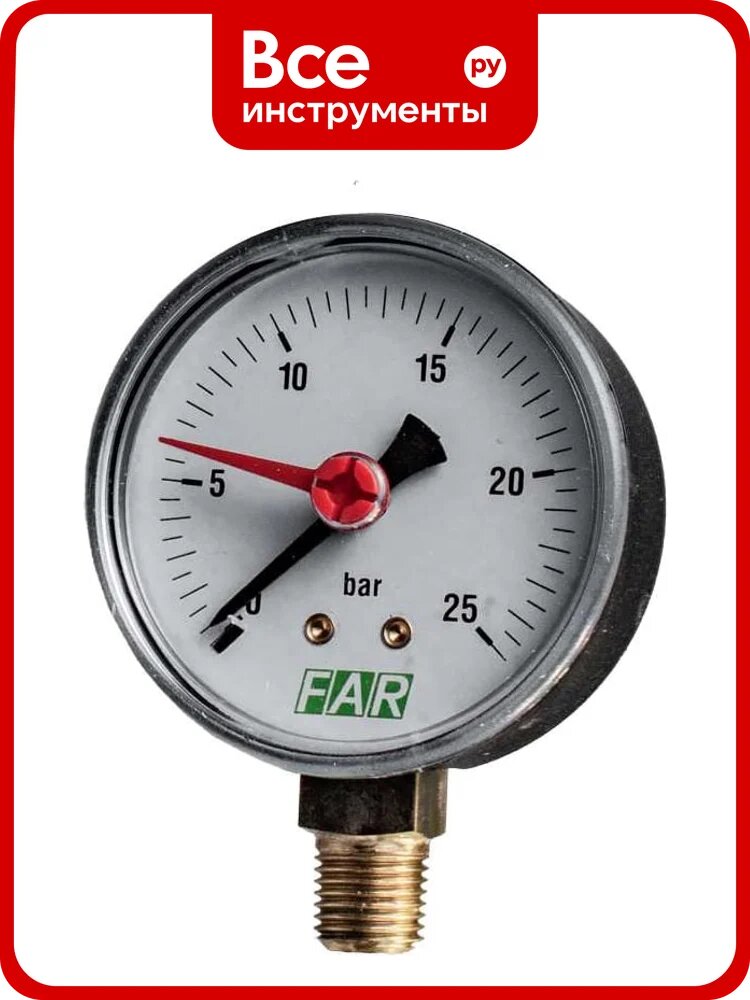 Манометр FAR 1/4", 0‑25 бар, ‑20‑80 °C, O 63 мм FA 2500 R25 — радиальное соединение, класс защиты IP31, выдерживает