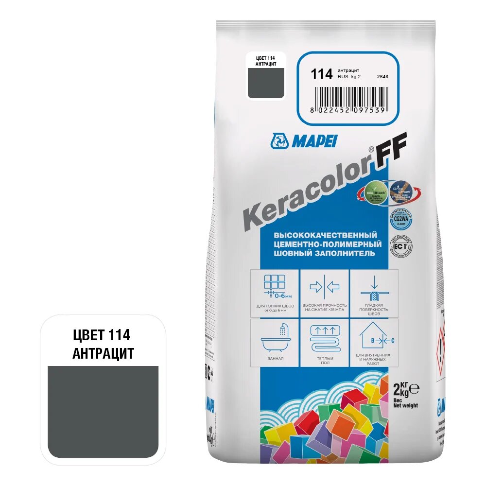 Затирка MAPEI KERACOLOR FF № 114 2 кг антрацит 5QA011402A