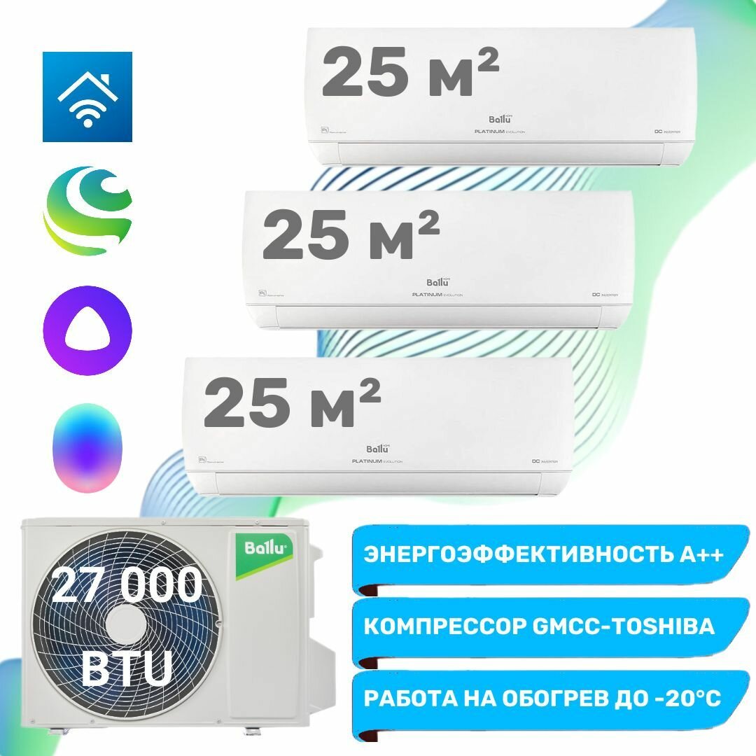 Инверторная мульти сплит-система Ballu Platinum Evolution на 3 комнаты BSUI-FM/in-09+09+09 HN8/EU BA3OI-FM/out-27HN8/EU