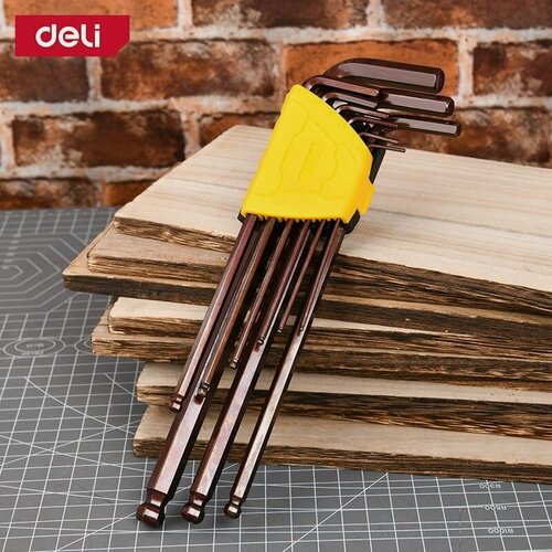 Изображение товара Набор шестигранных ключей с шаром сверхдлинных 9шт Deli DL230809G сталь S2, пластиковый держатель