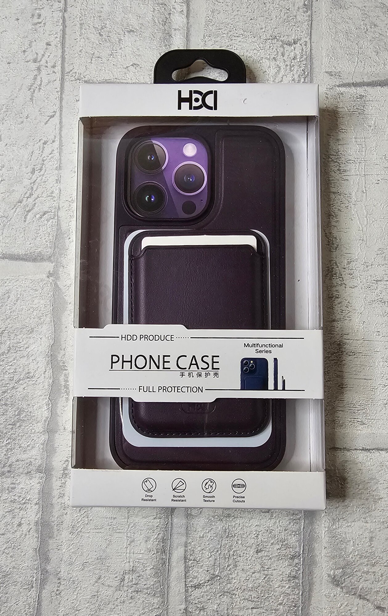 Кожаный чехол на iPhone 14 pro max / Айфон 14 про макс с картхолдером , темно фиолетовый , премиум качество