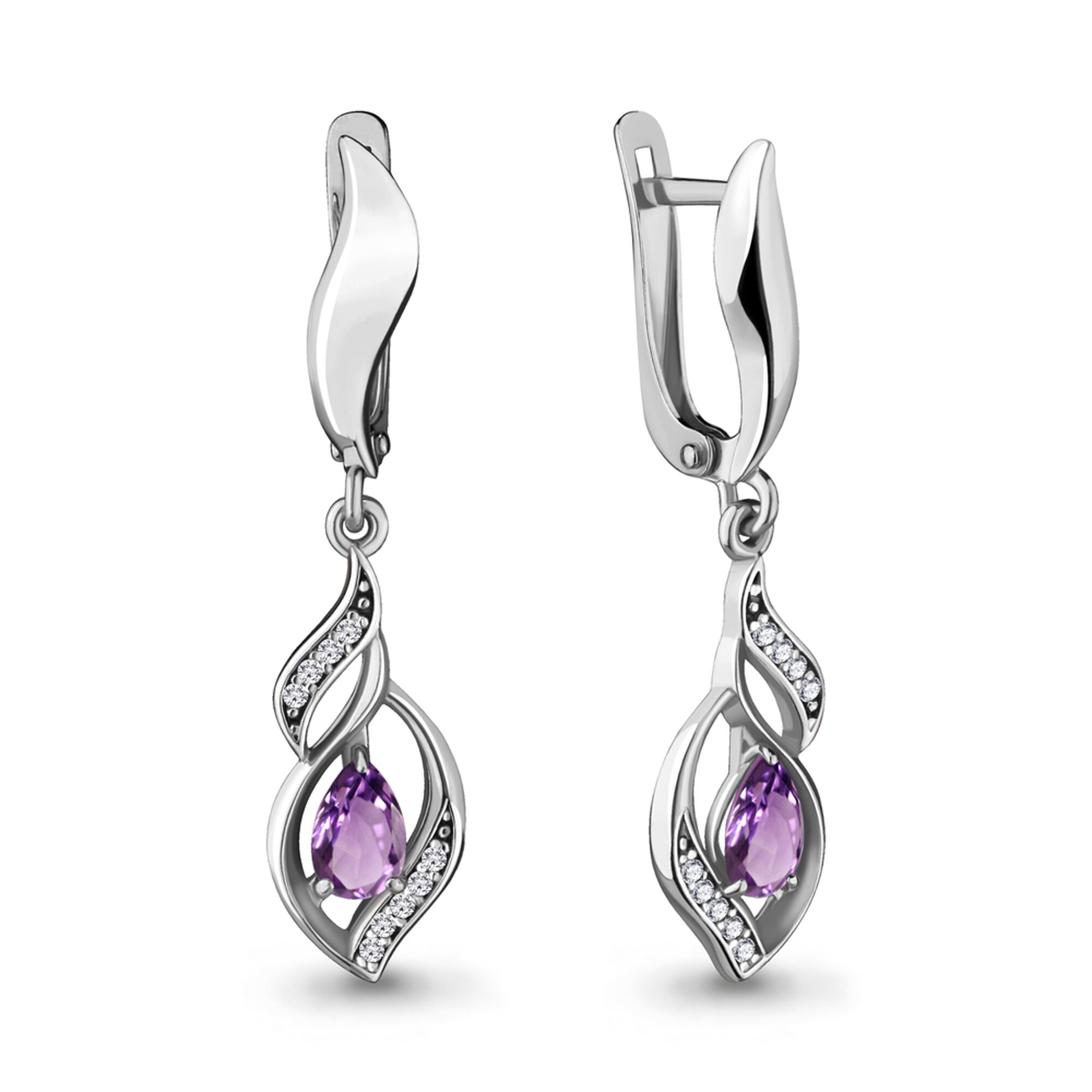 Серьги Diamant online, серебро, 925 проба, родирование, аметист, фианит, длина 3.5 см, , фиолетовый