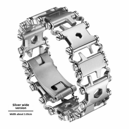 Браслет-мультитул 29 в 1 (аналог Leatherman Tread) серебряный широкий, нержавеющая сталь, многофункциональный инструмент