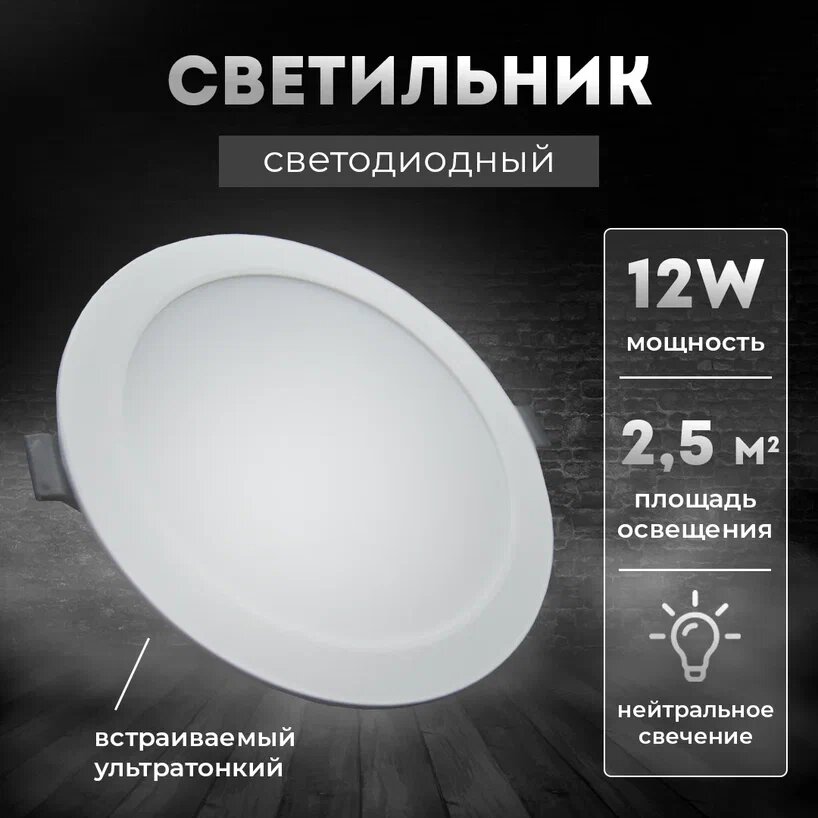 Светильник потолочный встраиваемый светодиодный 12Вт Круг 4000К панель от сети 220В белый