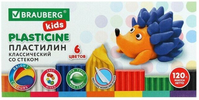 Пластилин 6цв 120г BRAUBERG "KIDS", со стеком, высшее качество 106435