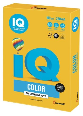 Бумага цветная IQ color, А4, 160 г/м2, 250 л., интенсив, солнечно-желтая, SY40