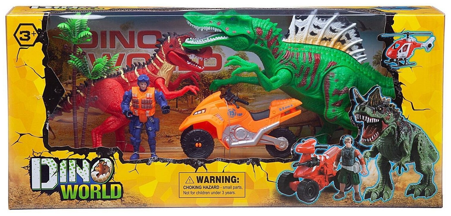 Игровой набор Junfa Мир динозавров (2 больших динозавра, мотоцикл, фигурка человека, аксессуары)
