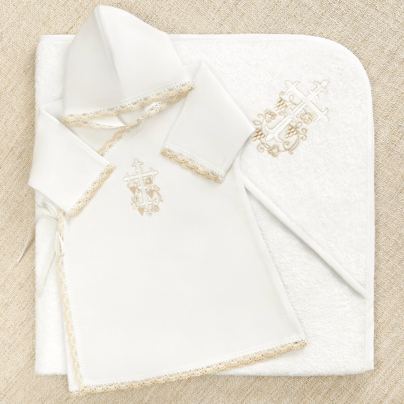 Теплый крестильный набор для Крещения малыша "Бежевый лучик" с махровым полотенцем