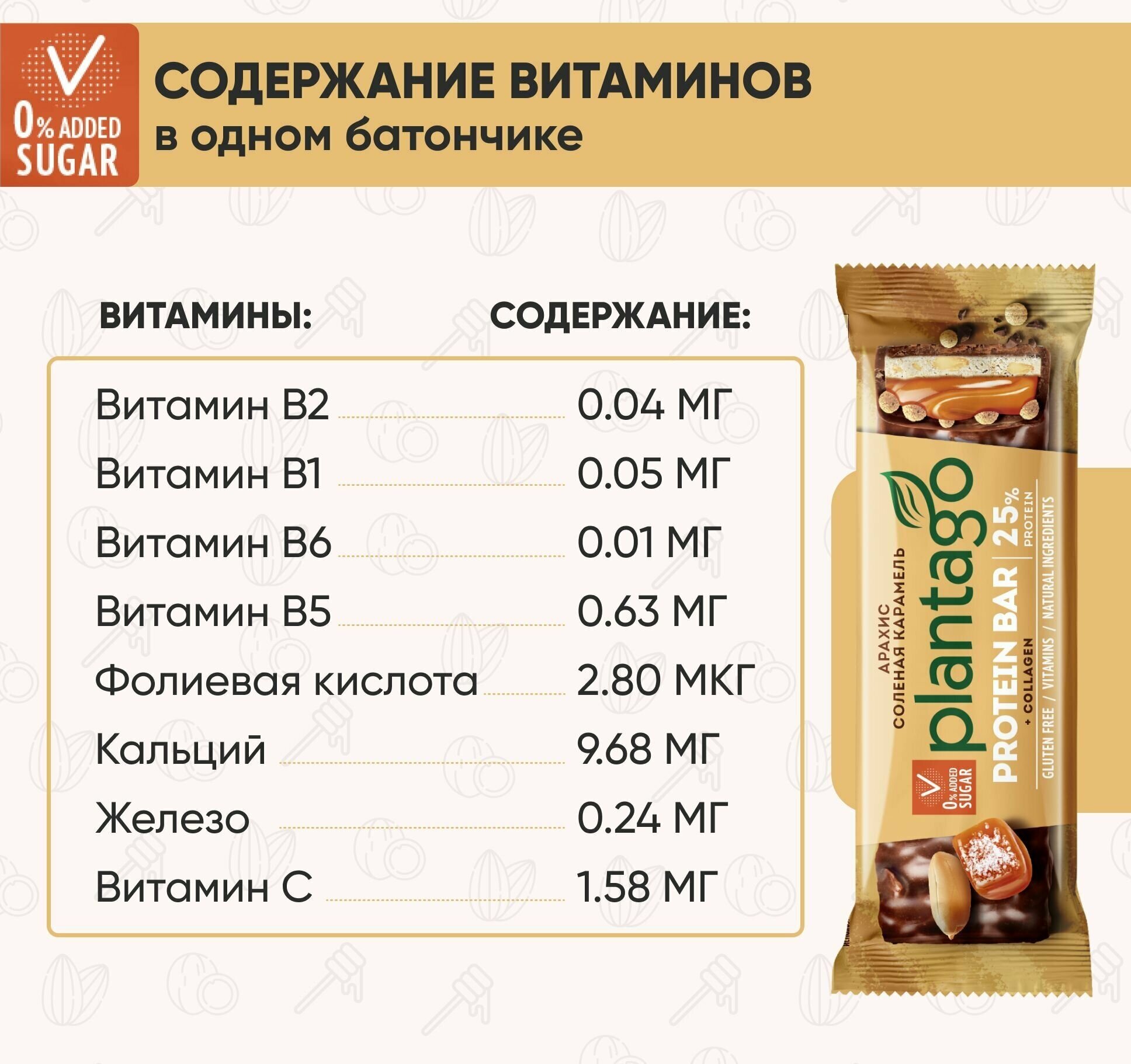 Протеиновые батончики Plantago Арахис-Соленая карамель (25% белка), 40 гр х 12 шт, с коллагеном, с витаминами / без сахара / снеки