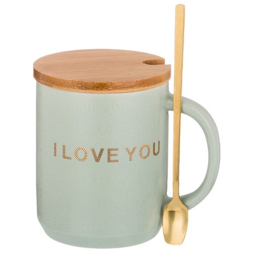 фото Кружка lefard break time с ложкой и деревянной крышкой 350 мл, зеленая (90-1029)