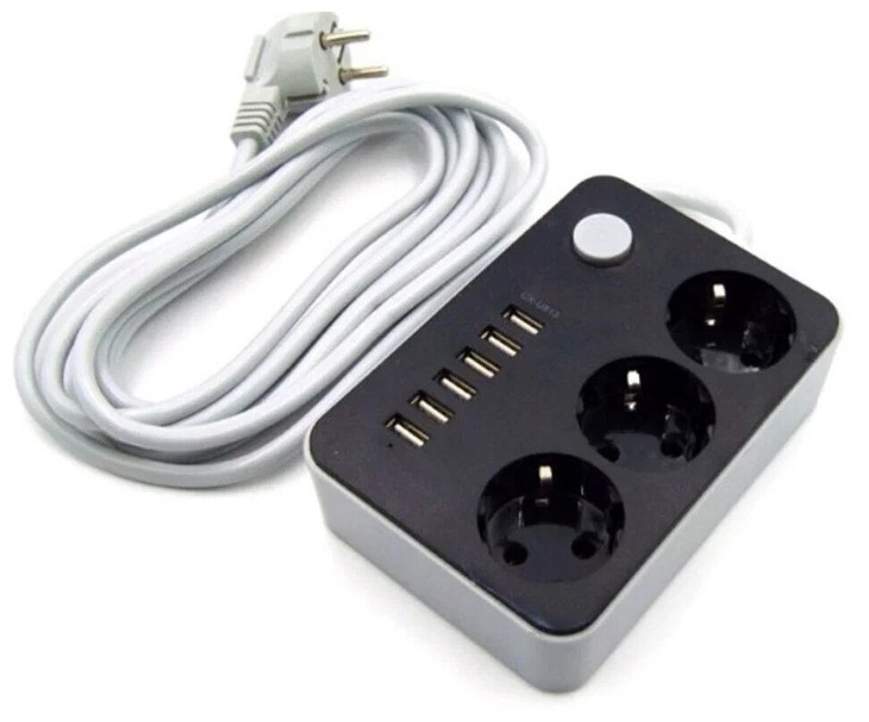 Удлинитель сетевой фильтр с 3 розетками и 6 USB (4,1A авто) портами Черный