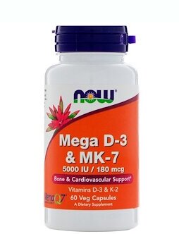 Капсулы NOW Mega D-3 + K-2 & MK-7 5000 IU/180 мкг, 50 г, 60 шт.