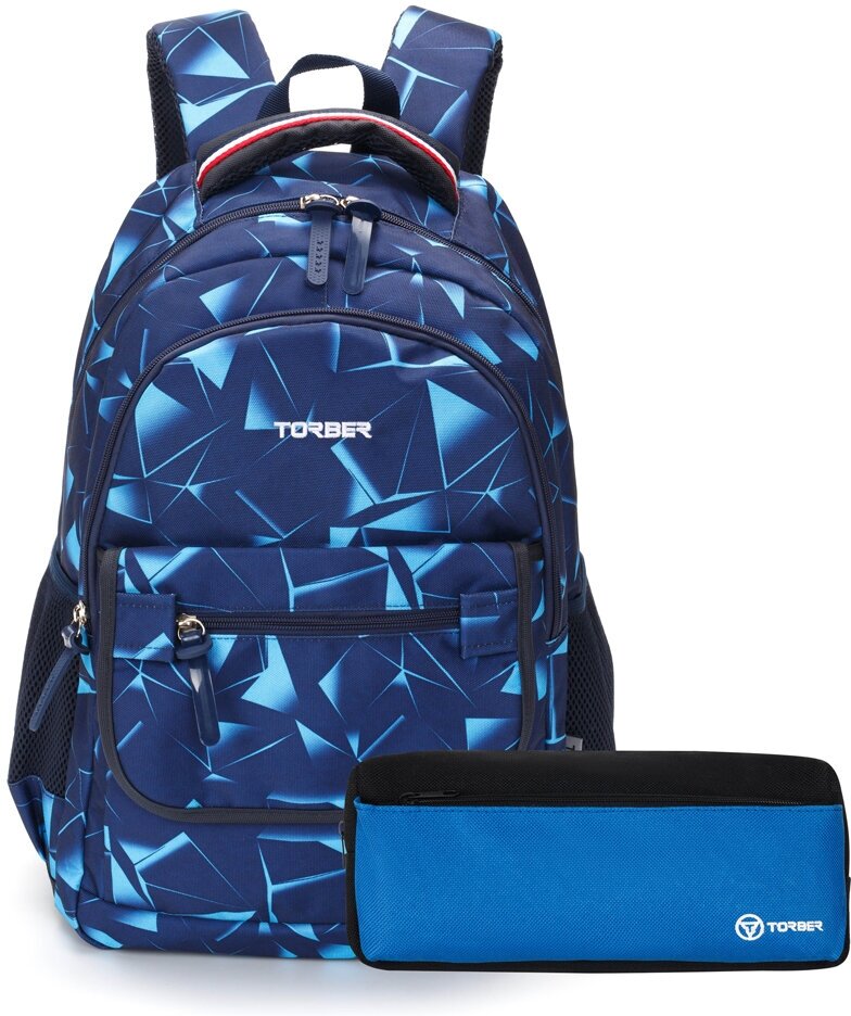 Школьный рюкзак TORBER CLASS X T2743-NAV-BLU-P темно-синий с орнаментом, полиэстер, 45х30х18 см, 17 л + Пенал в подарок!