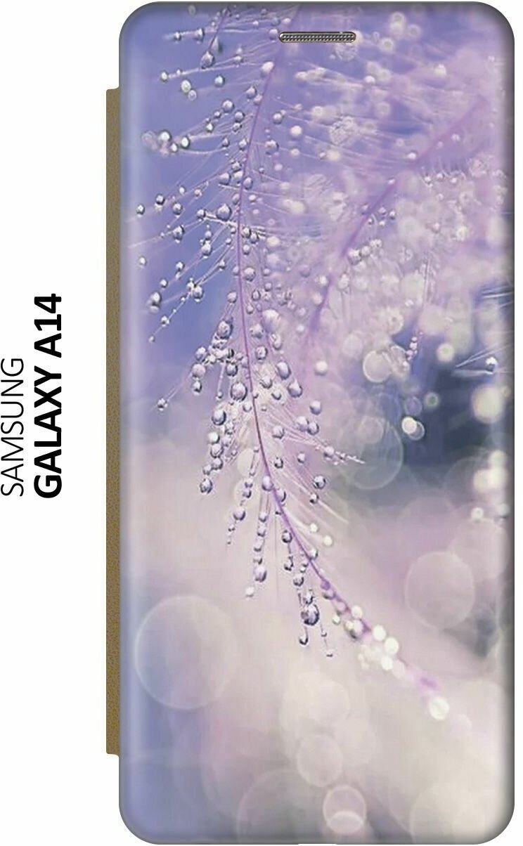 Чехол-книжка на Samsung Galaxy A14, Самсунг А14 c принтом "Ветка в капельках" золотистый