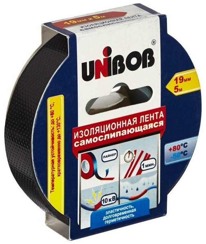 Клейкая лента (скотч) монтажная электроизоляционная Unibob (19мм x 5м, самослипающаяся, черная) 1шт.
