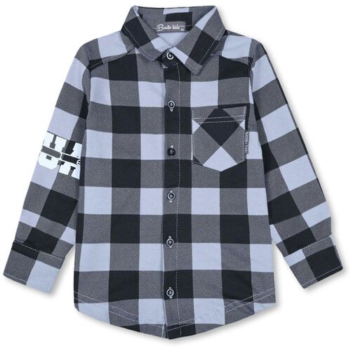 Рубашка для мальчика - Чёрный; Серый - Клетка , размер 104