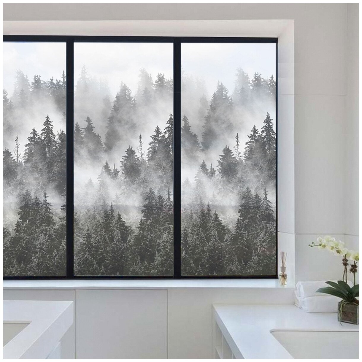 Матовая самоклеящаяся пленка на окно VEROL "Лес в тумане" декоративная защитная от солнца на дверь, для душевых кабинок, на шкаф, витраж