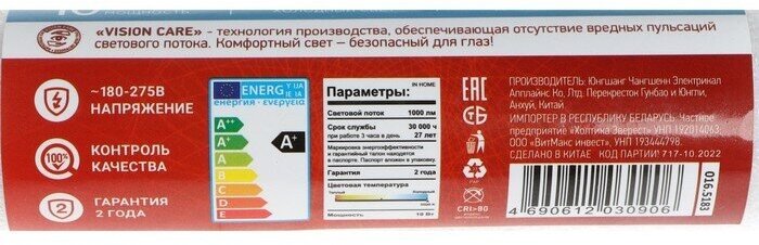 Лампа светодиод 10Вт лин Т8 матовая 6500К G13 800Лм 600мм неповоротная матовая IN HOME