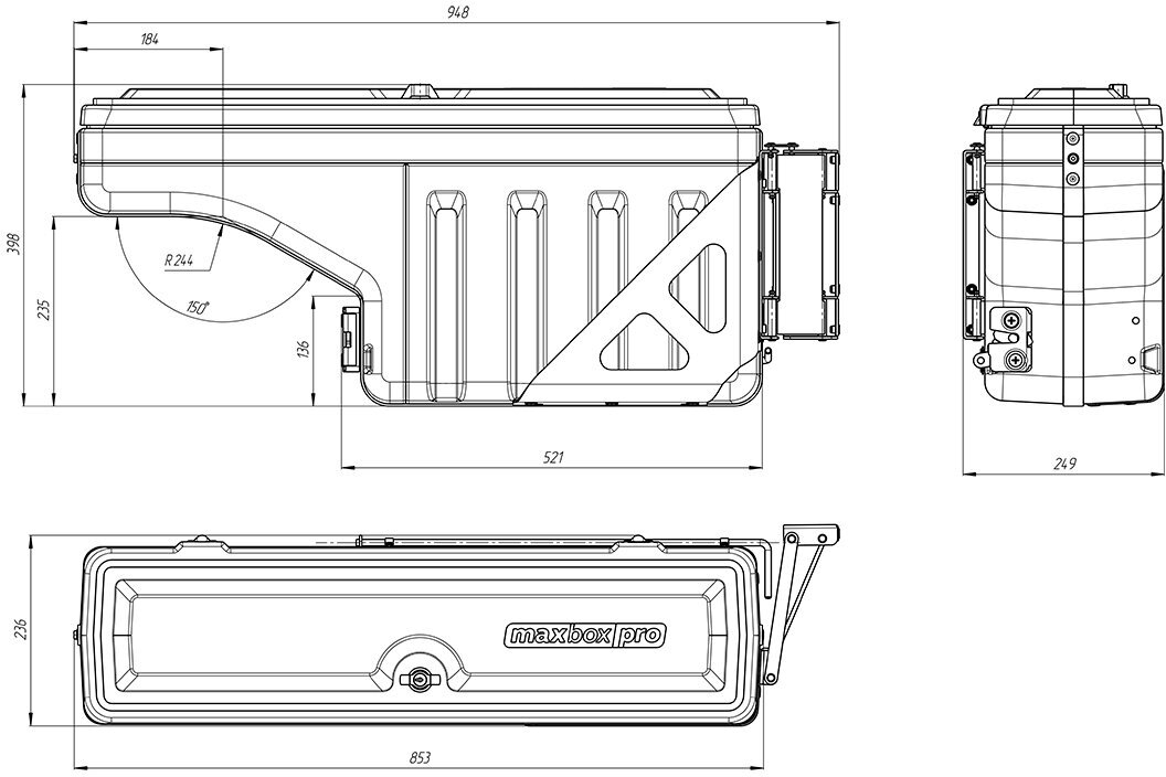 Поворотный ящик в пикап на левый борт MaxBox PRO (бокс для пикапа в кузов)