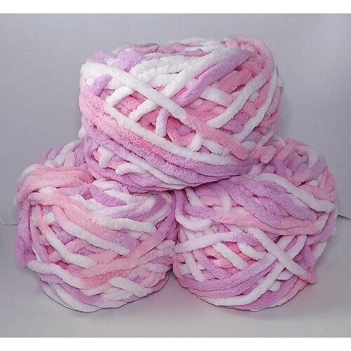 Пряжа для вязания плюшевая, меланжевая, белая/розовая 