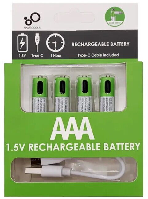 Аккумуляторные батарейки AAA 1.5V 750 mWh с USB type-C кабелем, 4 штуки