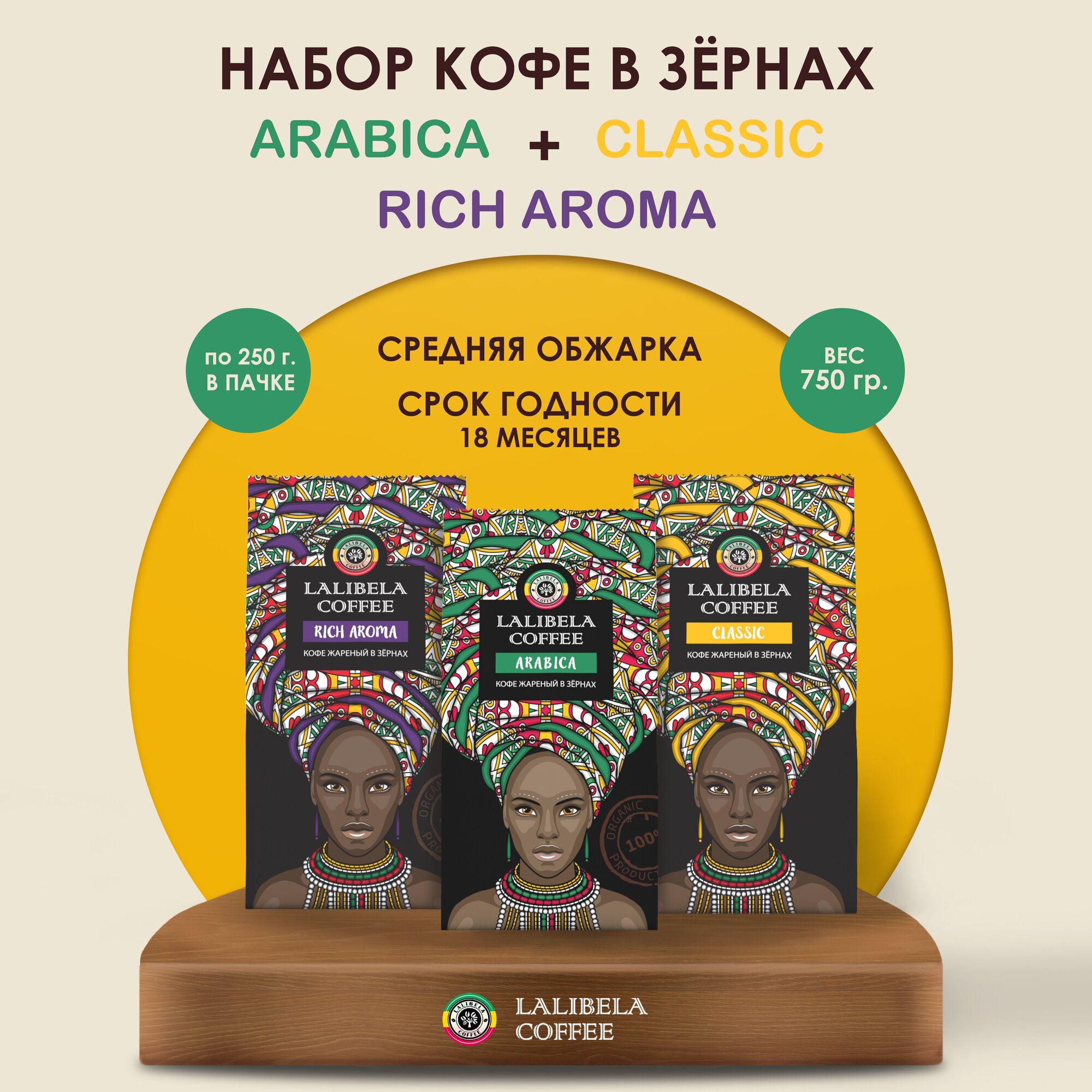 Набор кофе в зернах LALIBELA COFFEE Classic/ Arabica/ Rich Aroma (3 шт. по 250 гр)