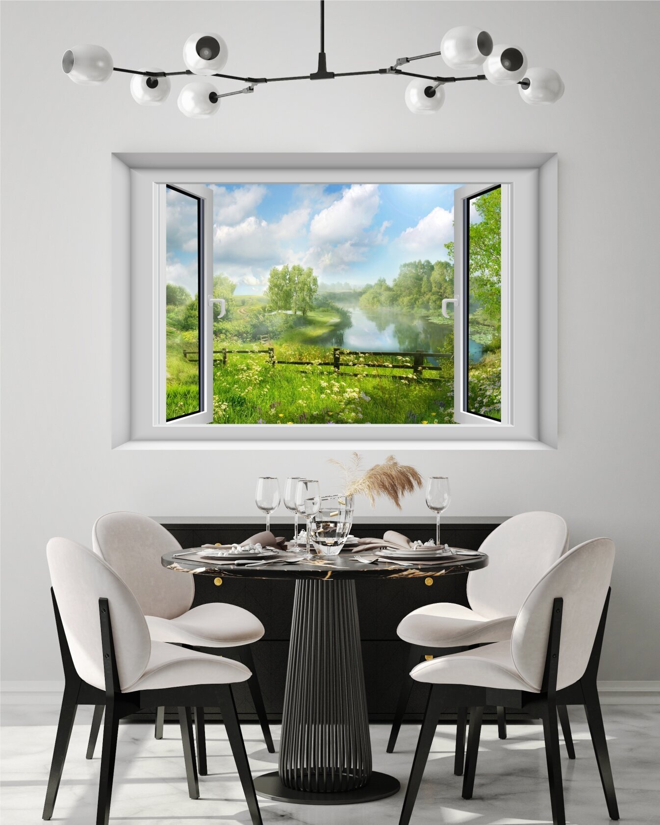 Фотообои постер "Вид из окна "Летний день" 100х150 см. /Фотообои пейзаж /Флизелиновые фотообои/ Фотообои окно /Фотообои в гостиную кухню коридор